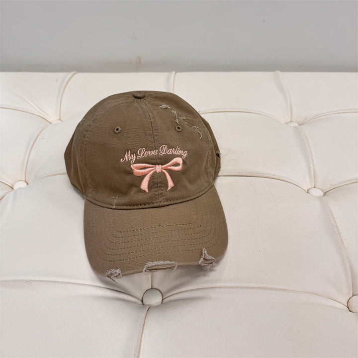Women's Distressed Cotton Baseball Cap with Bow Embroidery Kalsten