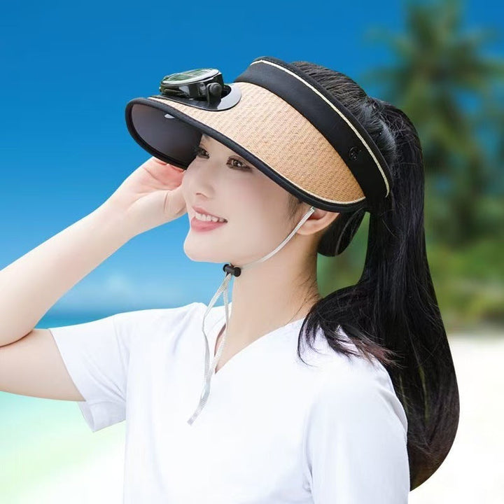 Adjustable sunshade for with removable solar fan and breathable straw effect Kalsten