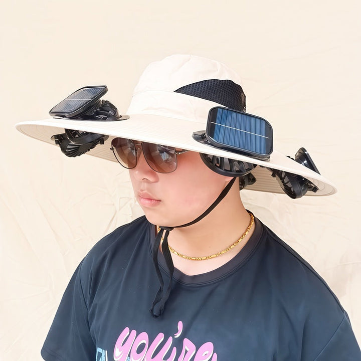 Wide-brimmed sun hat with detachable swivel solar fans and adjustable chin strap Kalsten