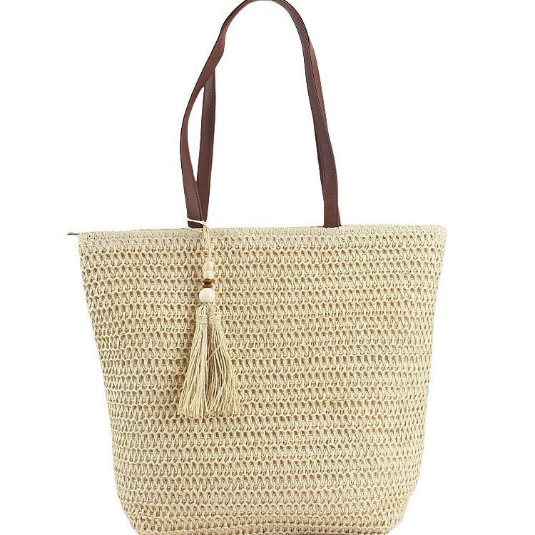 Spacious Shoulder Bag Made of Braided Natural Material with Decorative Tassel Kalsten