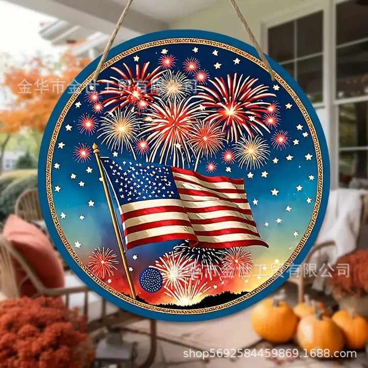 Independence Day rustic round wooden patriotic cross wall plaque with floral accents and God Bless America banner Kalsten