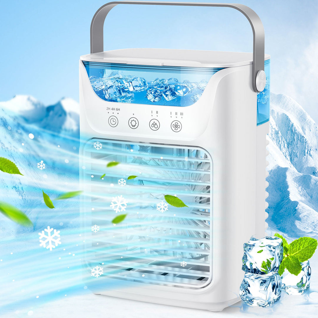 Cooling portable evaporative air cooler with refillable water reservoir adjustable louvers quiet fan and carry handle Kalsten