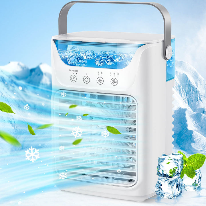 Cooling portable evaporative air cooler with refillable water reservoir adjustable louvers quiet fan and carry handle Kalsten