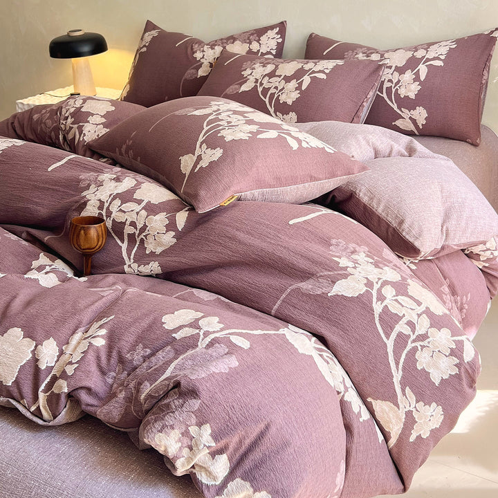 Floral Butterfly Duvet Cover Set With Brushed Cotton‑Blend Linen Texture And Corner Tie Pillowcase Ensemble