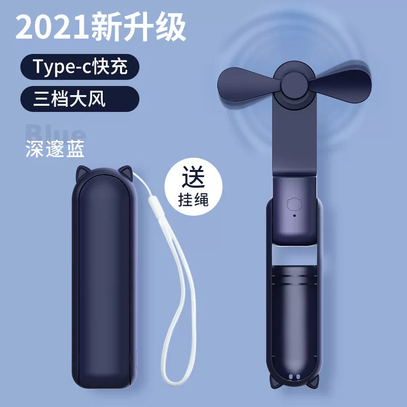 Unisex One Size Foldable Rechargeable Triple Handheld Mini Fan with Integrated Power Bank USB-C and USB-A Ports and Wrist Strap Kalsten