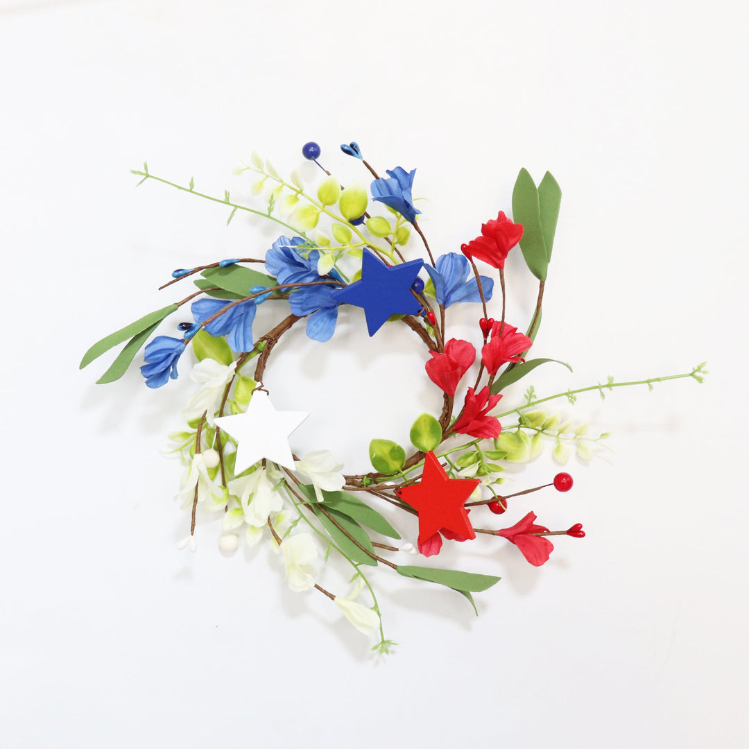 Unisex hand-crafted door wreath with wooden stars, artificial flowers, and flexible vine branch Kalsten