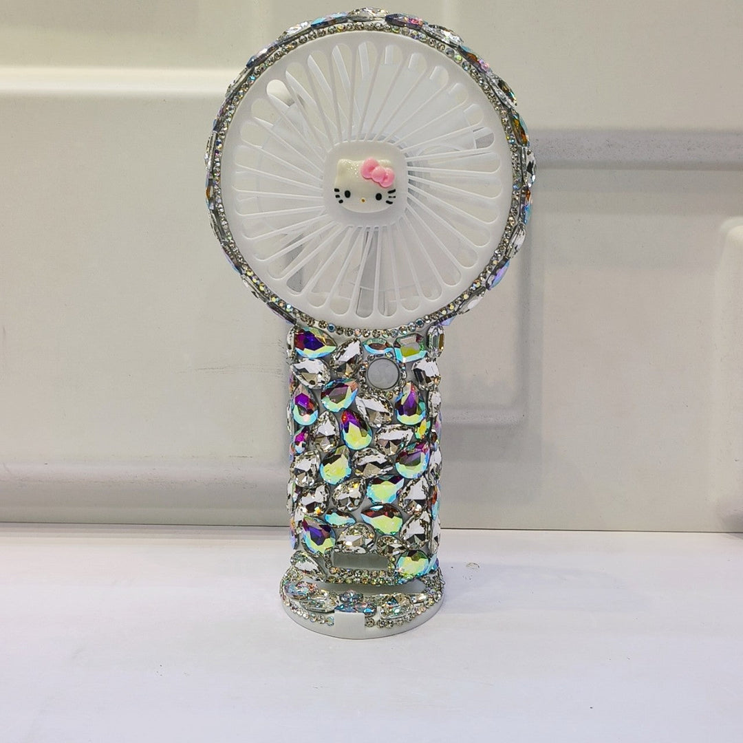 Women's portable hand fan rechargeable with rhinestone accents and cat emblem Kalsten