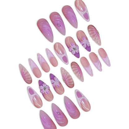 Artistic Stiletto Press-On Nail Art with Floral and Gemstone Accents Acalora