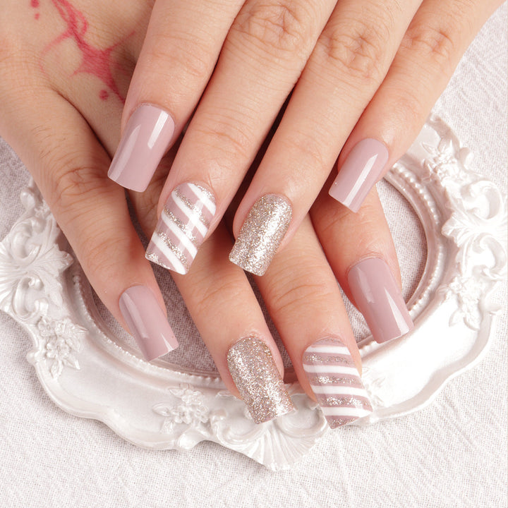 Glamorous Glitter and Striped Press-On Nail Art Kalsten