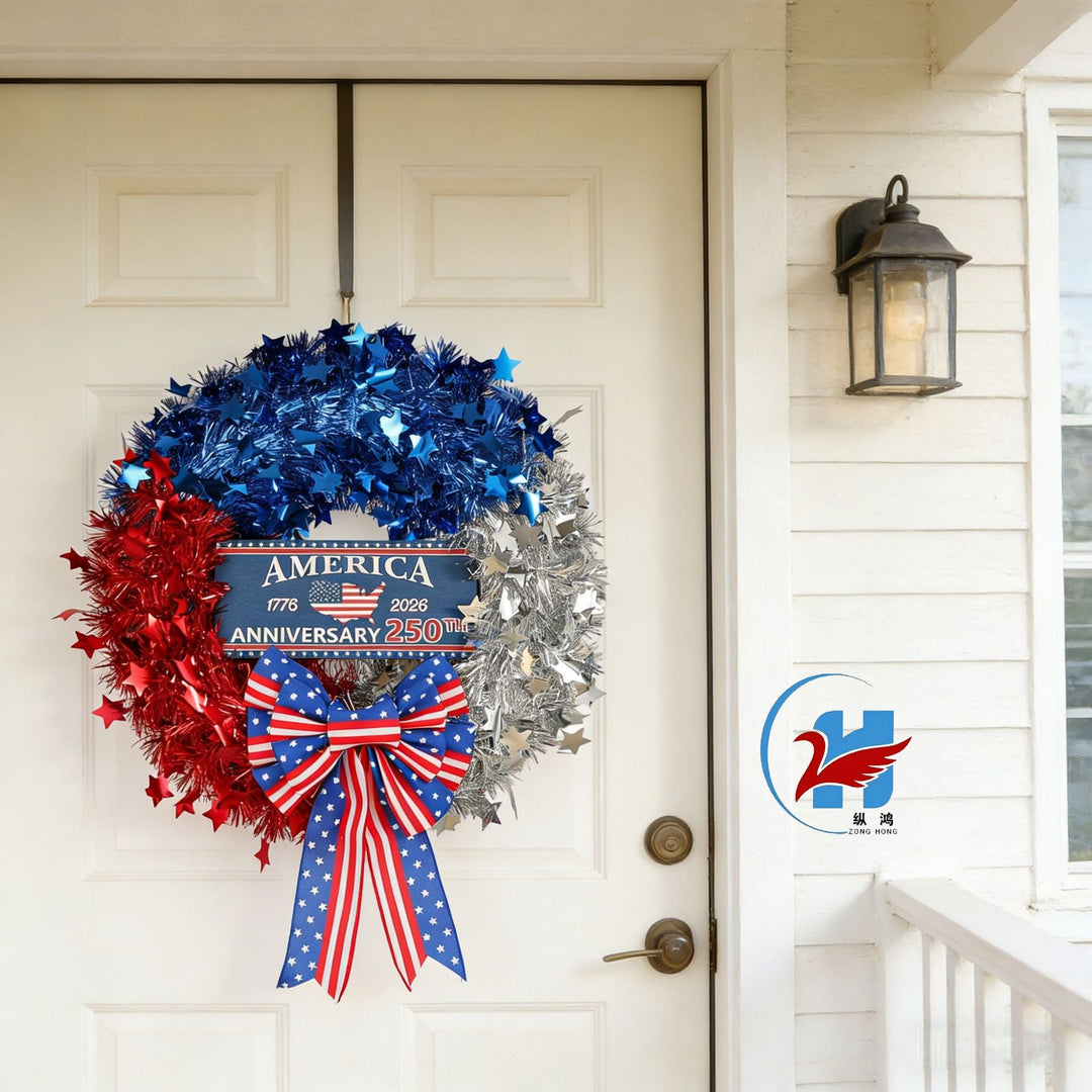 Unisex nan more patriotic door wreath made of tinsel with star embellishments and large bow Kalsten