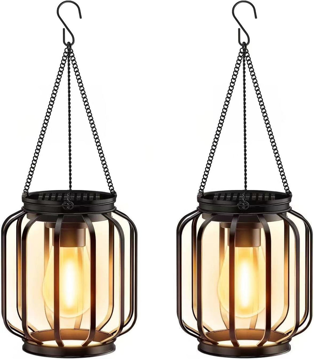 Solar Hanging Outdoor Lanterns With Vintage-Style LED Filament Bulb And Metal Cage Waterproof Suspension Kalsten