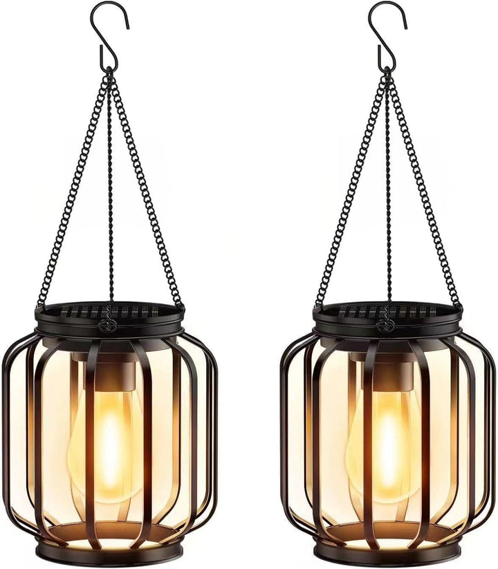 Solar Hanging Outdoor Lanterns With Vintage-Style LED Filament Bulb And Metal Cage Waterproof Suspension Kalsten