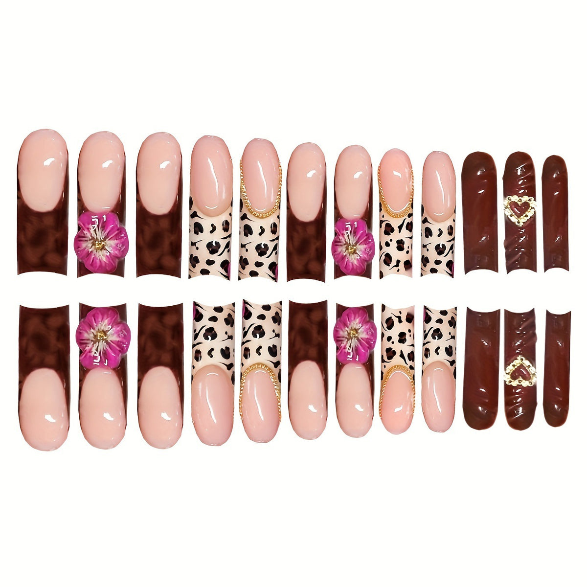 Decorative Long Acrylic Press-On Nail Art with Floral and Leopard Designs Acalora