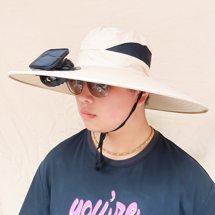 Wide-brimmed sun hat with detachable swivel solar fans and adjustable chin strap Kalsten