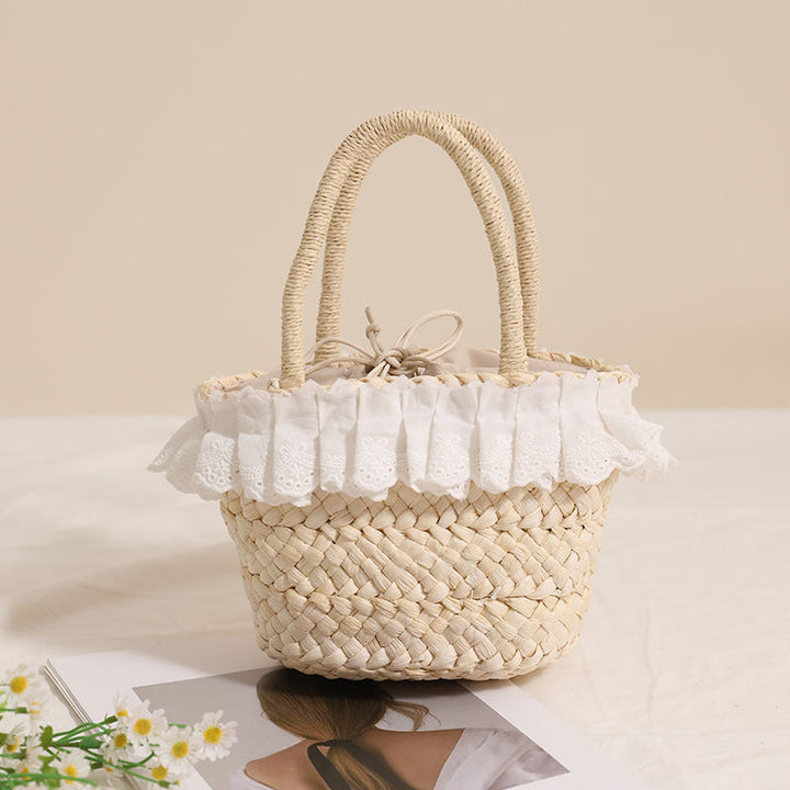 Handcrafted basket bag with delicate ruffles and ribbons Kalsten