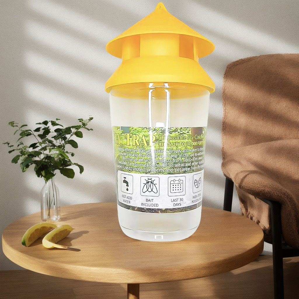 Reusable outdoor insect fly trap with non-toxic bait reservoir and Hanging canopy Kalsten