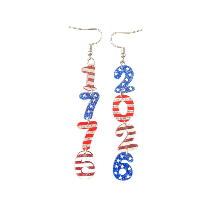 Women’s long earrings with four-digit anniversary number pendants in a patriotic style Kalsten