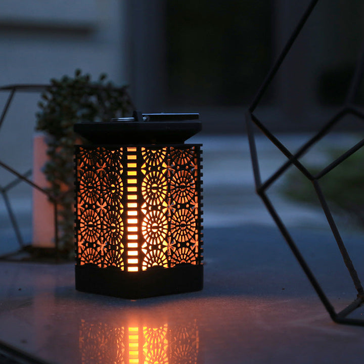 Decorative Solar-Powered Metal Lantern With Filigree Cutout And Flickering LED Flame Effect Kalsten