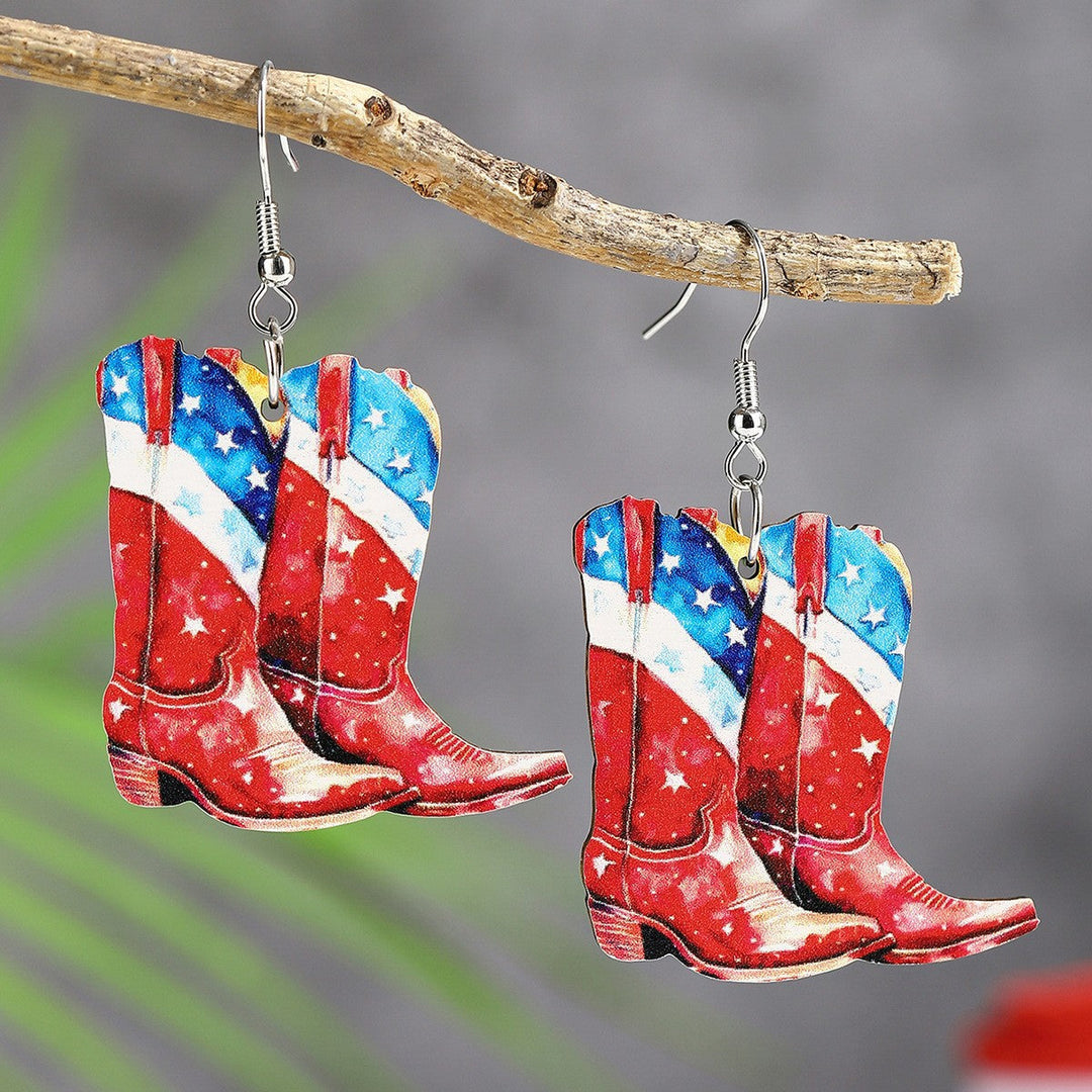 Ladies' lightweight wooden earrings in airplane jet design with patriotic motif and hypoallergenic fish hook Kalsten
