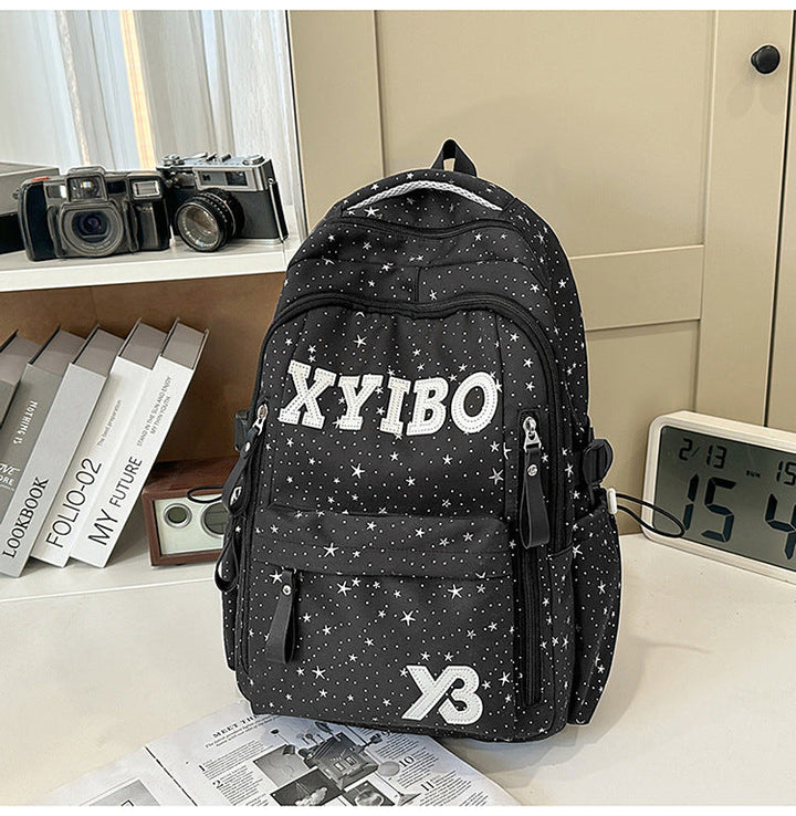 Multi-Pocket Star-Embellished School Backpack