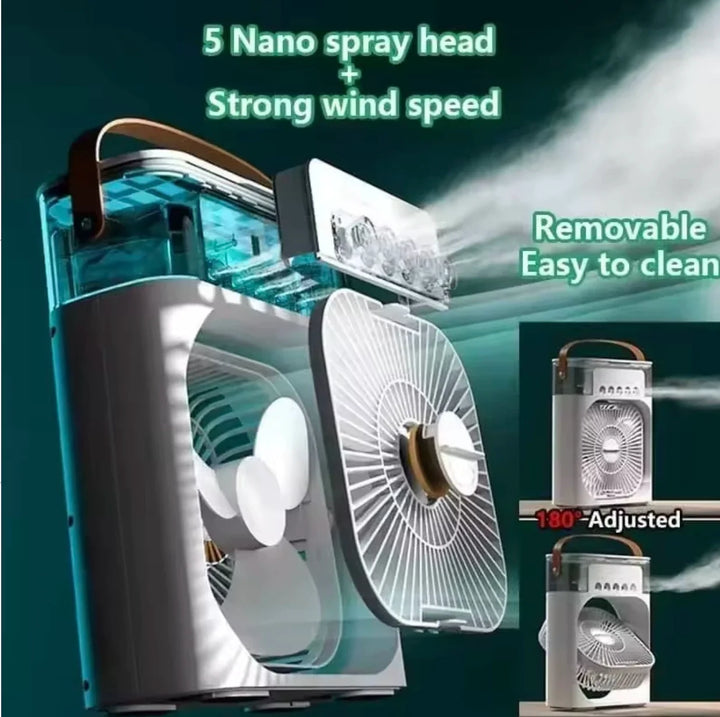Unisex one-size portable USB humidifying fan with three speed settings and seven-color LED lighting