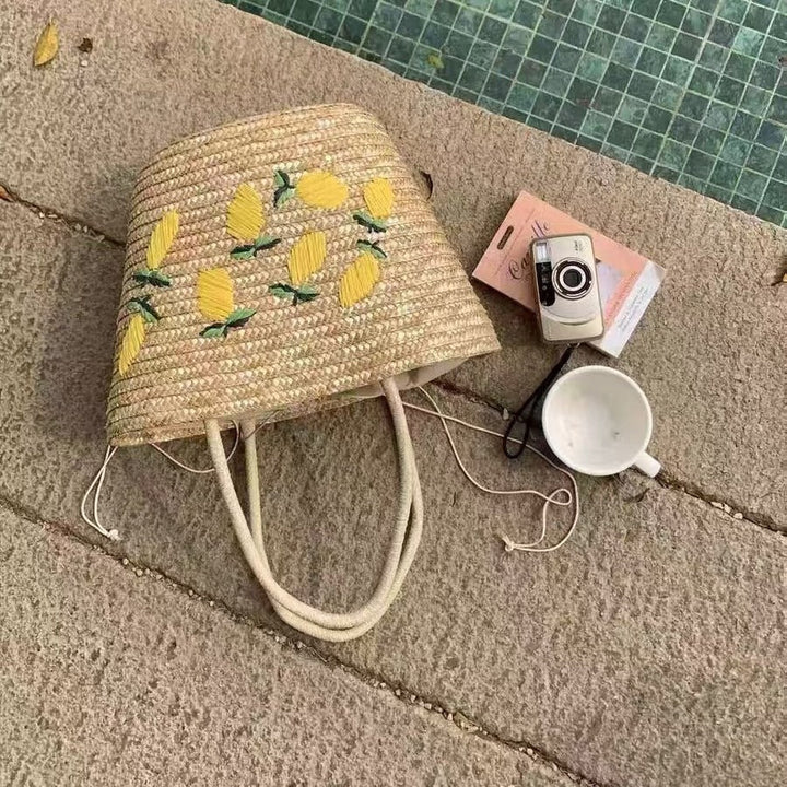 Spacious straw bag with lemon embroidery Kalsten