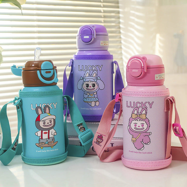 Ladies insulated drinking bottle with cute frog design and practical carrying strap Kalsten