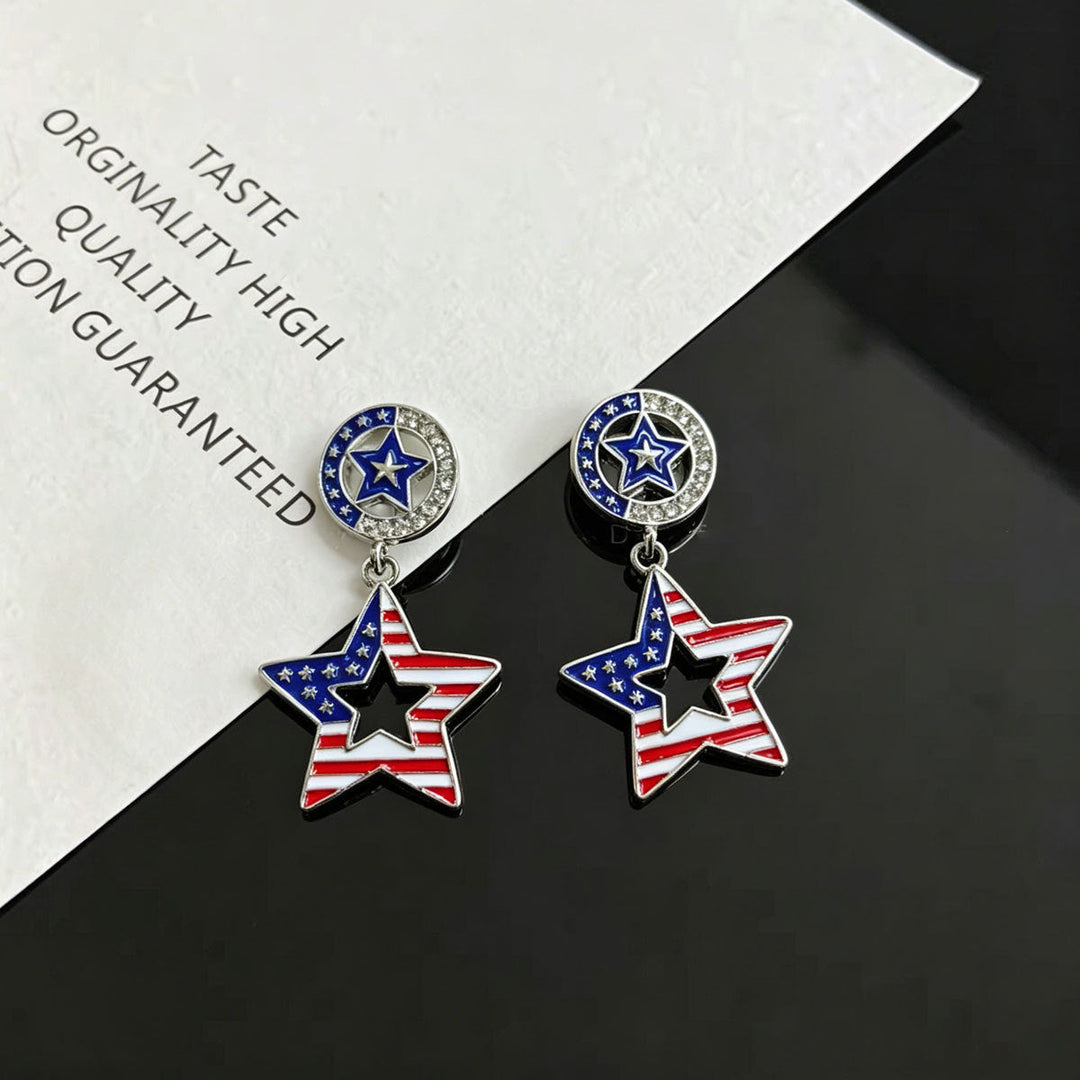 Ladies hanging earrings with star pendant and enamel flag motif Kalsten