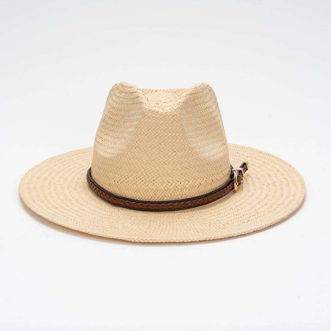Straw Flat Brim Hat with Leather Trim | Kalsten