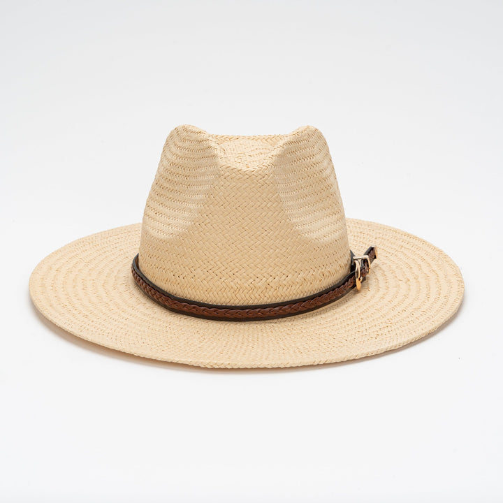 Straw Flat Brim Hat with Leather Trim | Kalsten