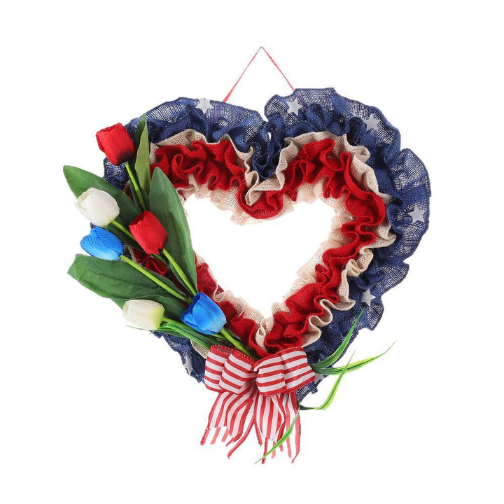 Unisex heart-shaped door wreath made of jute with star embellishments and artificial tulips Kalsten