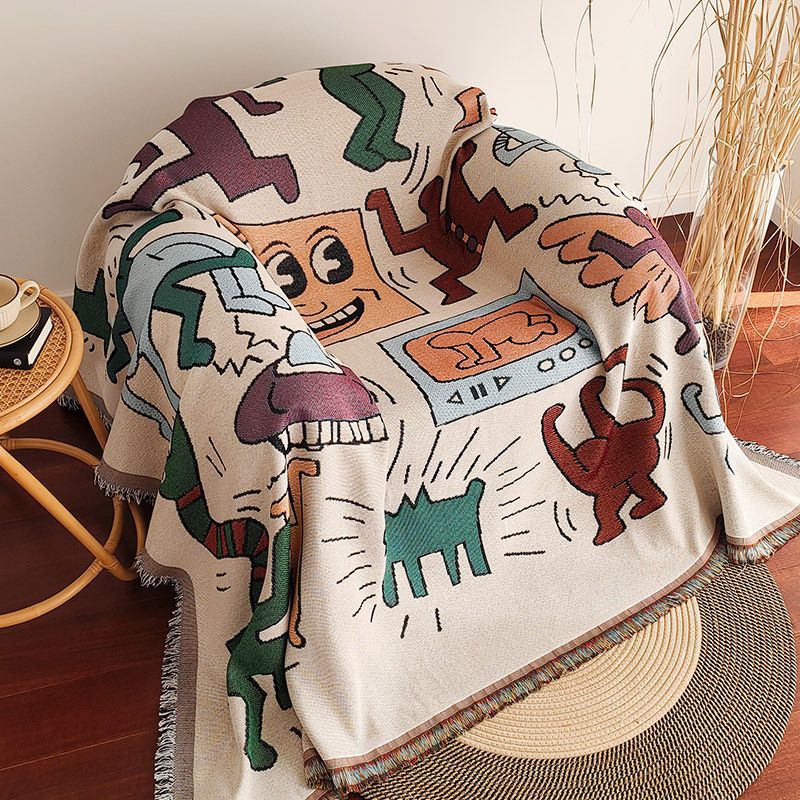 Graphic Jacquard Woven Fringe Throw Blanket With Cartoon Pop-Art Pattern
