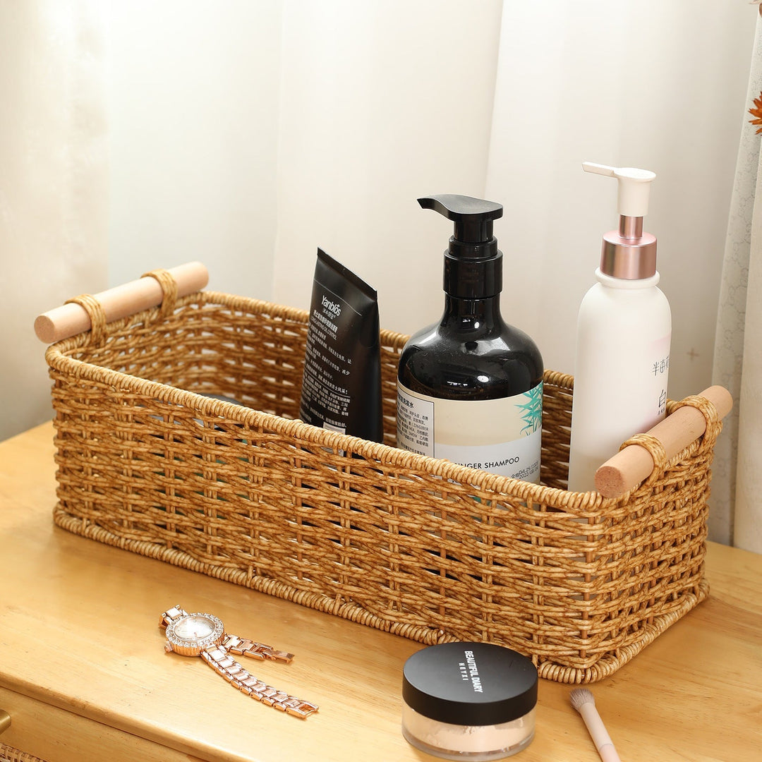 Rectangular Woven Storage Basket with Wooden Handles Kalsten