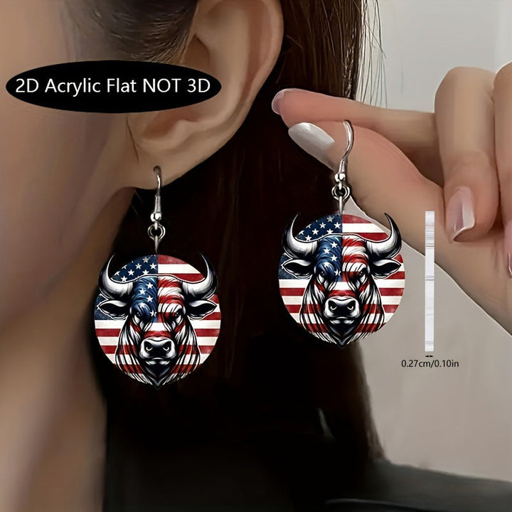 Women's flat acrylic hoop earrings with bull head motif and hook closure Kalsten