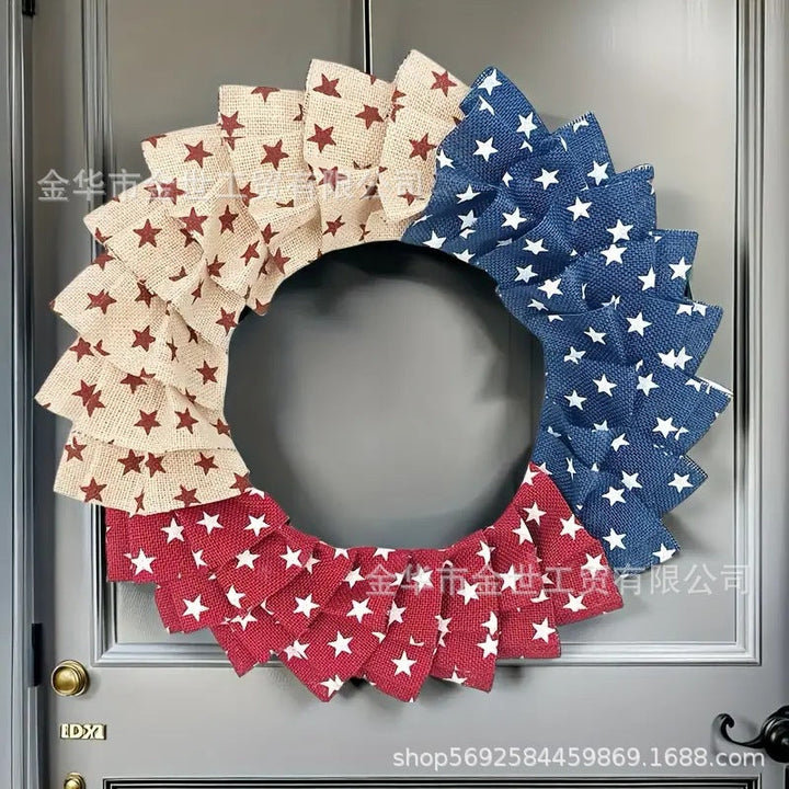 Independence Day rustic round wooden patriotic cross wall plaque with floral accents and God Bless America banner Kalsten