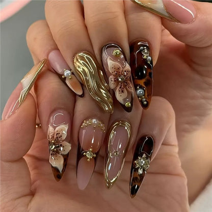 Decorative Stiletto Press-On Nail Art with Floral Accents Acalora