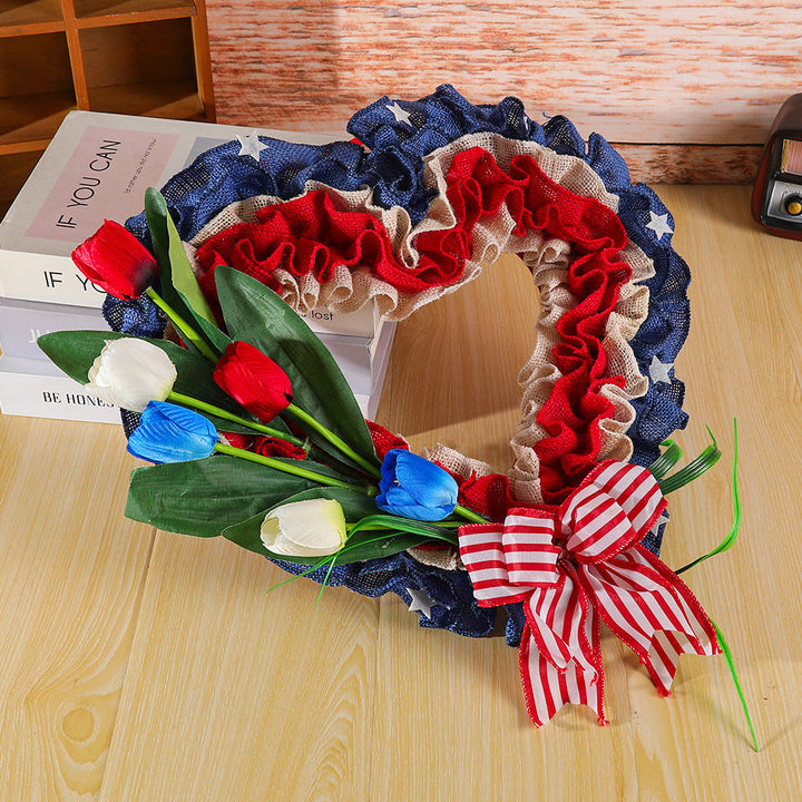 Unisex heart-shaped door wreath made of jute with star embellishments and artificial tulips Kalsten