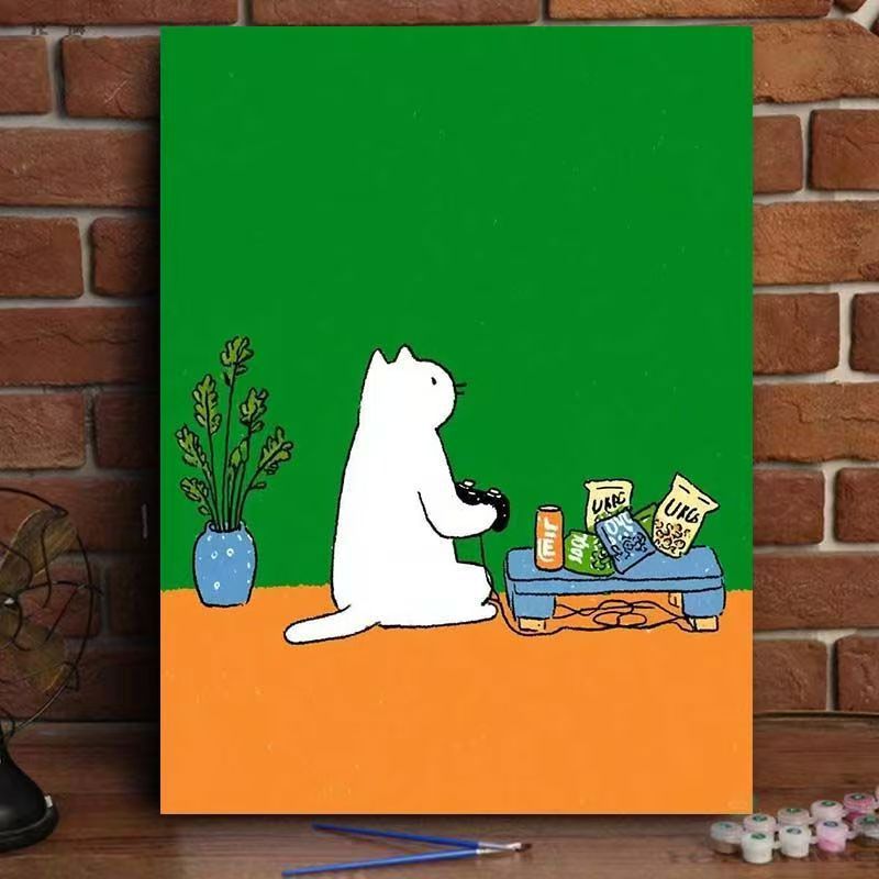 Whimsical Cat Watering Plants Canvas Art Kalsten