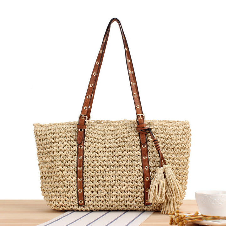 Large Braided Beach Bag with Elegant Contrast Handles Kalsten