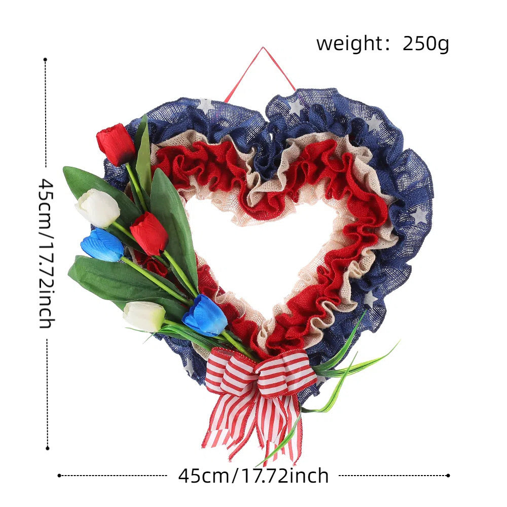 Unisex heart-shaped door wreath made of jute with star embellishments and artificial tulips Kalsten