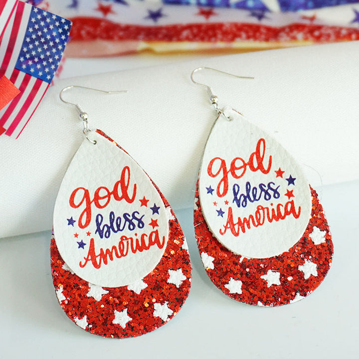 Women's patriotic drop earrings made of faux leather with glitter stars and the inscription Kalsten