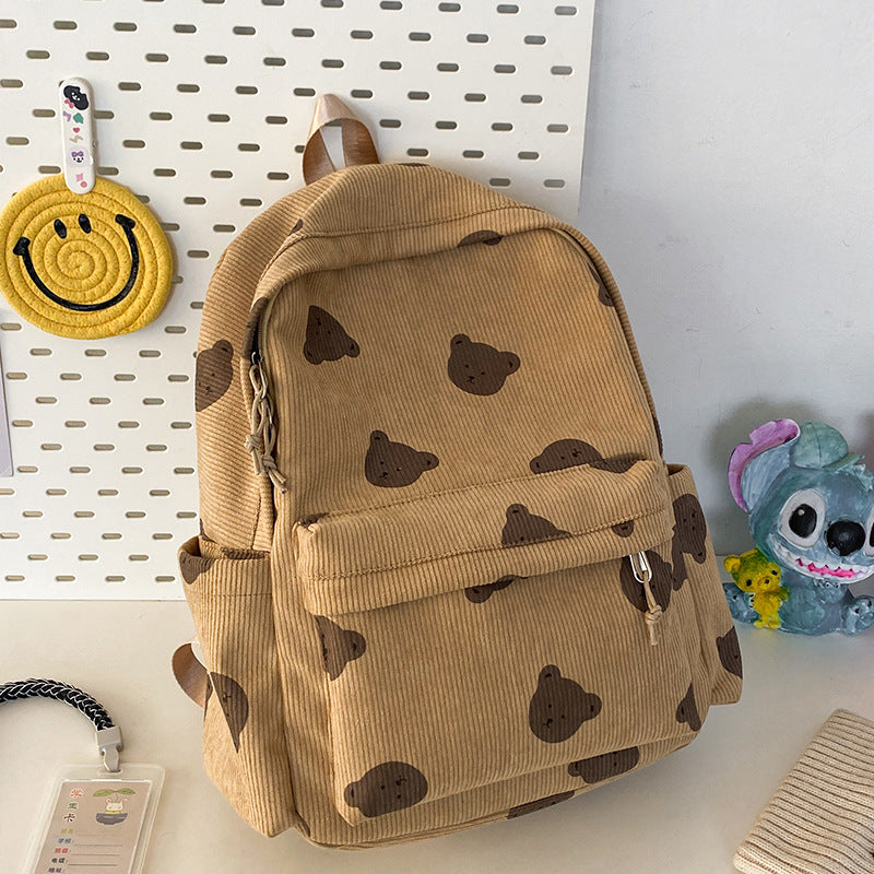 Cute Bear Patterned Corduroy School Backpack