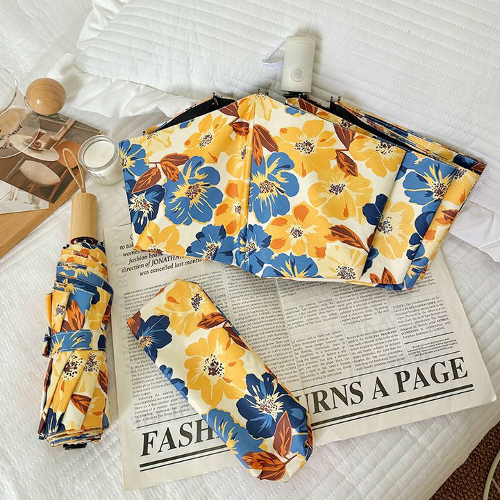Women Folding Umbrella with Detailed Floral Design Kalsten