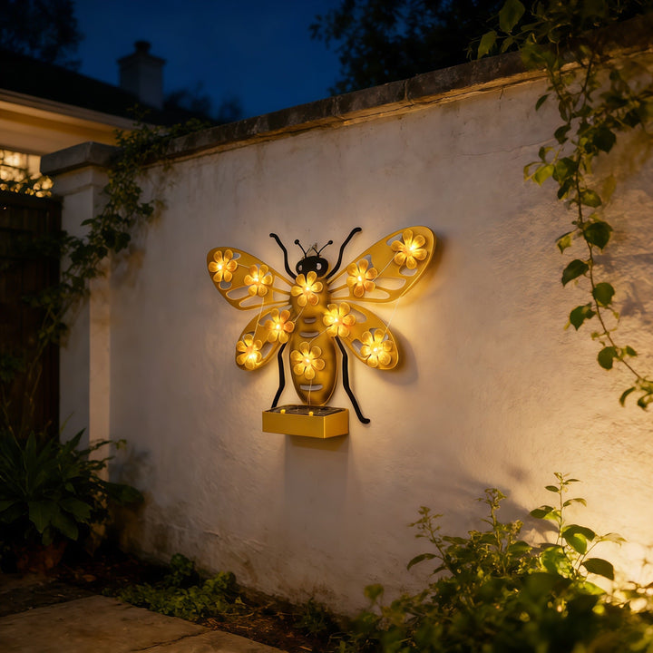 Decorative Solar LED Bee Wall Sculpture With Floral String Lights And Metal Mount Kalsten