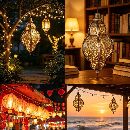 Ornate Moroccan Cutout Metal Hanging Pendant Light With Decorative Shadow Projection And Ceiling Canopy Kalsten