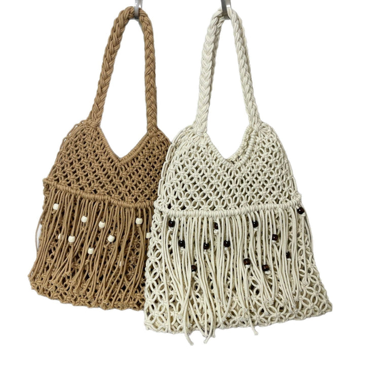 Macramé bag with long fringes and wooden beads Kalsten