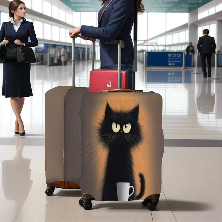 Unisex non-elastic suitcase cover with cartoon cat motif and cup design, durable travel suitcase protection Kalsten