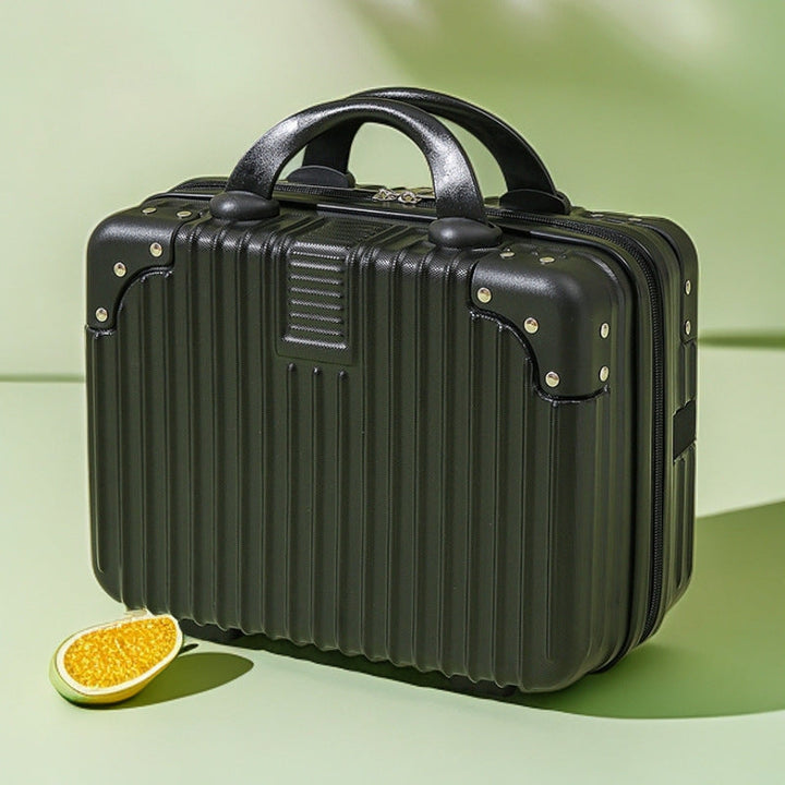 structured hard-shell vanity travel case with faux-leather corner reinforcements and dual top handles Kalsten