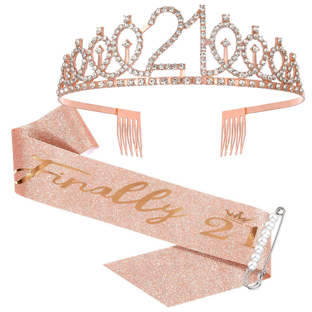 Women Crystal-Embellished Birthday Crown with Personalized Sash Kalsten