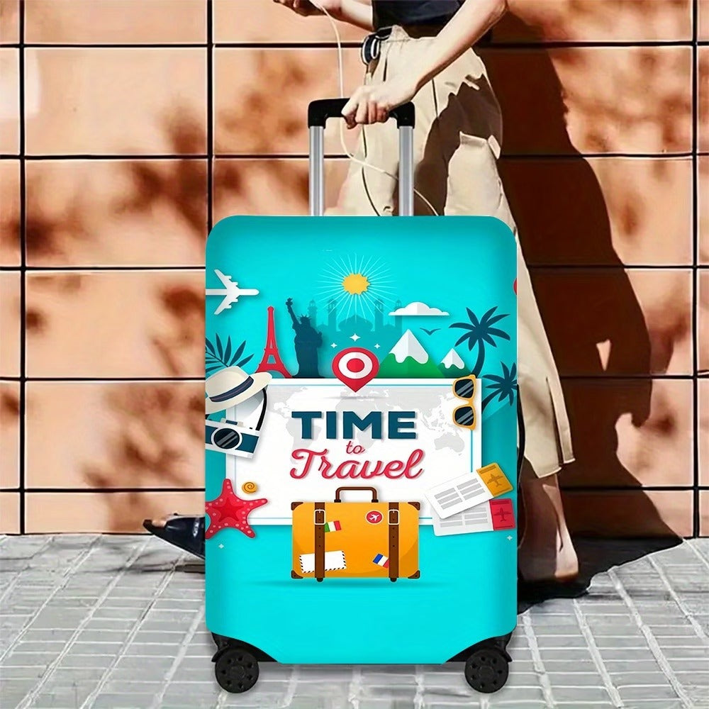 Unisex nan elastic motive suitcase protection in retro travel poster design with zipper and anti-slip attachment for spinner trolleys Kalsten